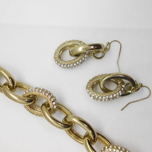 Coldwater Creek Gold Chunky Pave Crystal Chain Link Necklace and Earrings - Picture 3 of 4